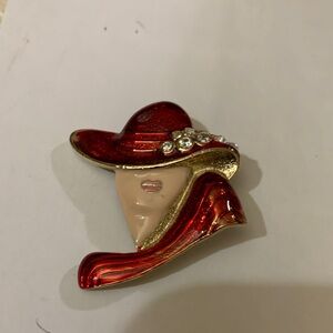Chic Red Hat Society Lady Gold  Brooch With Red Enamel & Rhinestones